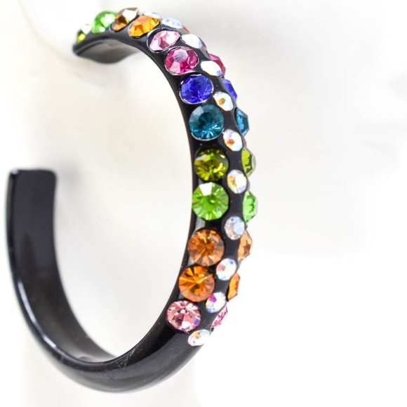 2.5" Black Multicolor Rhinestone Hoop Earrings - Picture 4 of 7